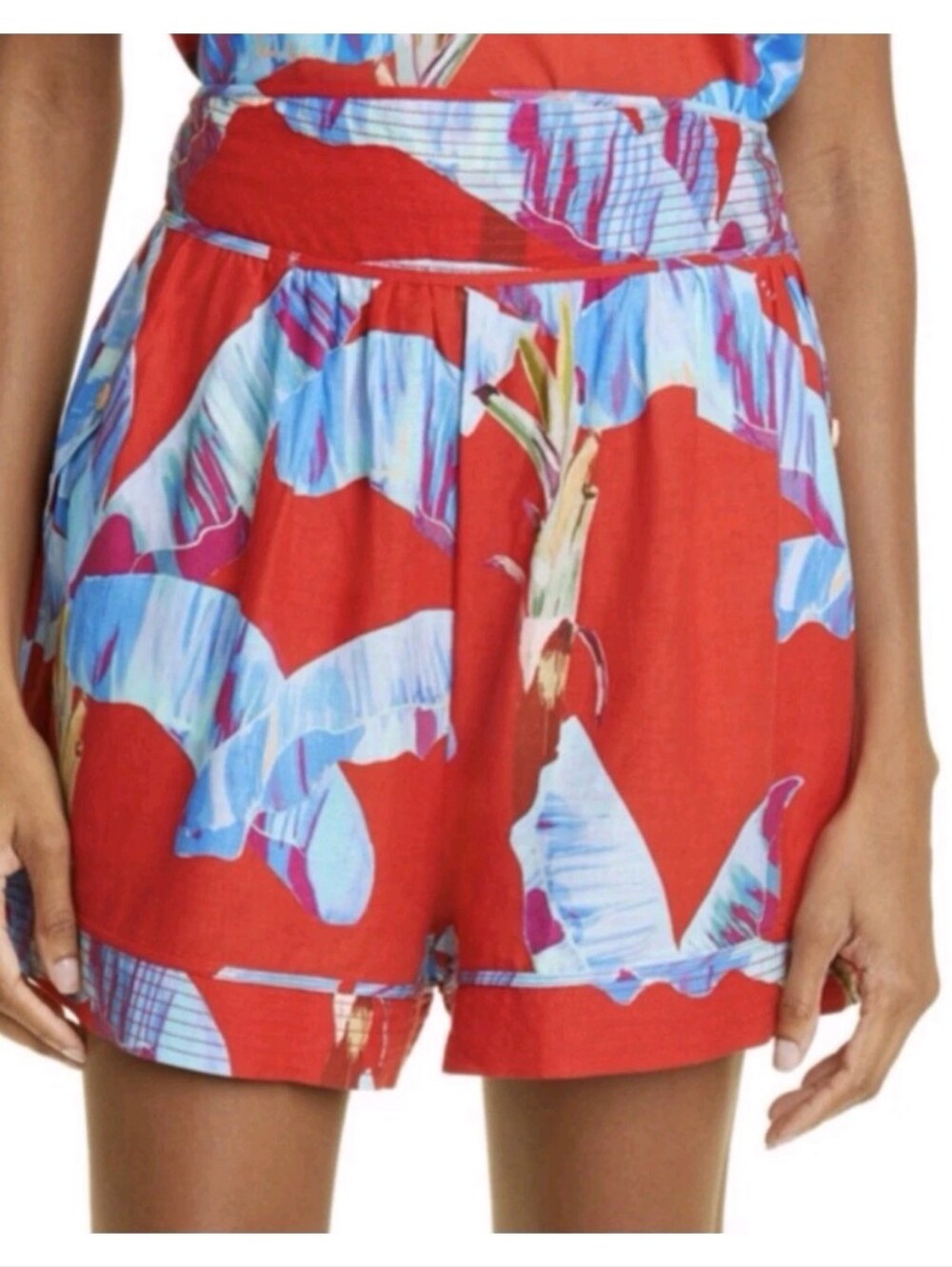 Farm Rio Sweet Jungle Ananas Red Linen Blend Shorts M Tropical Wide leg High